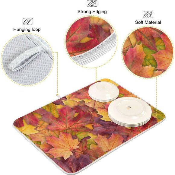 Colorful Autumn Maple Leaves Dish Drying Mat for Kitchen Counter Fall Drying Mat - Picture 4 of 7